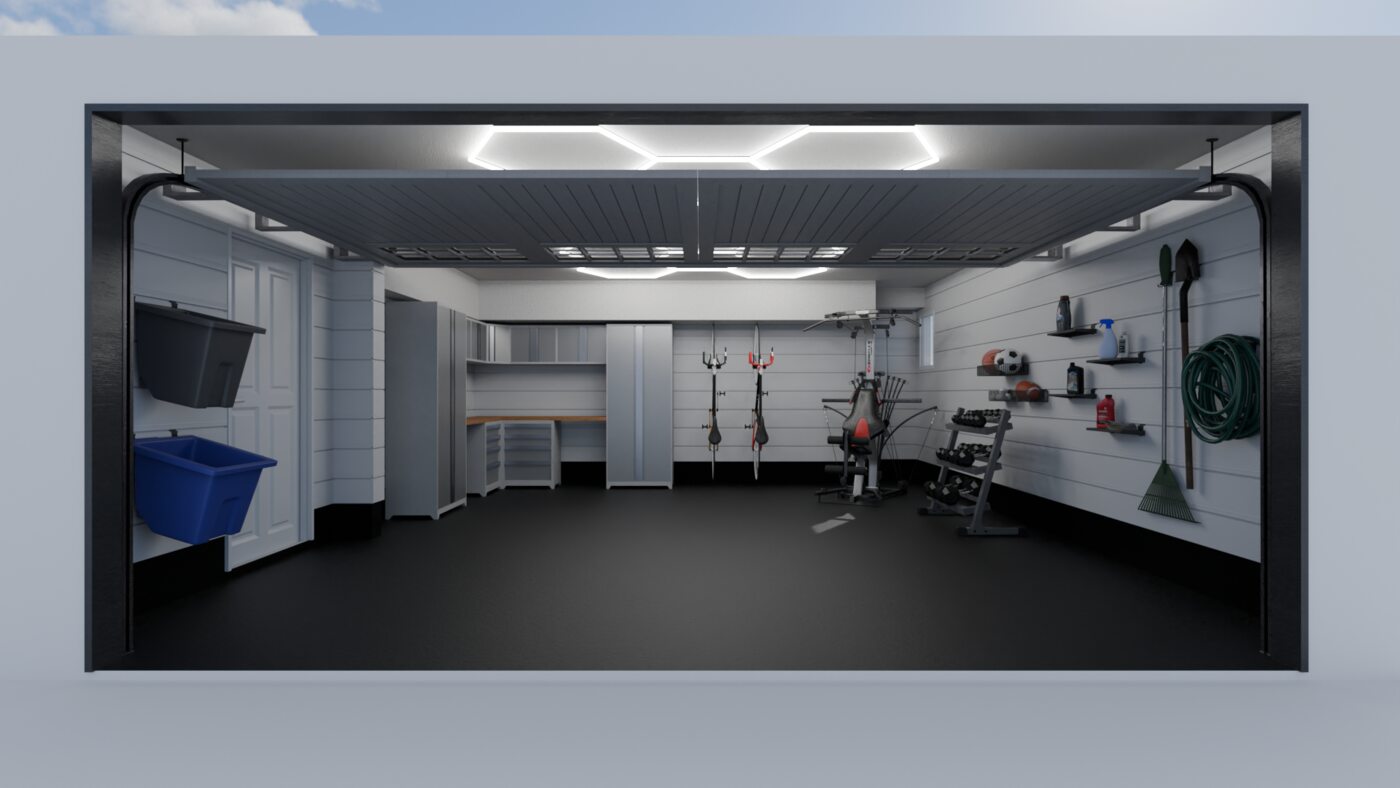 Garage gym equipment layout render