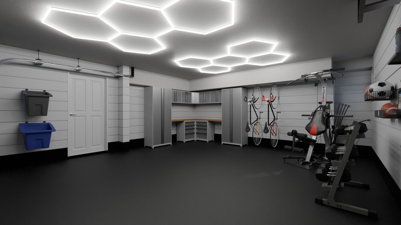 Garage gym lighting and storage render